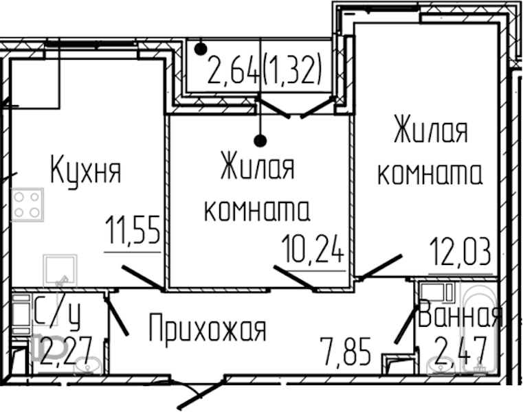 2-комнатная квартира 47.73 м², 2/8 эт., ЖК «SERTOLOVO PARK»